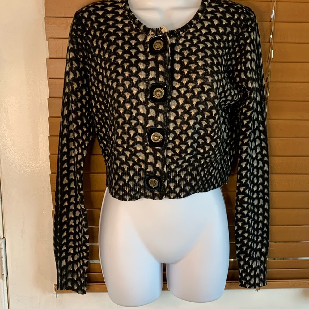 Tracy Reese cotton blend cropped black lavender cream cardigan sweater medium